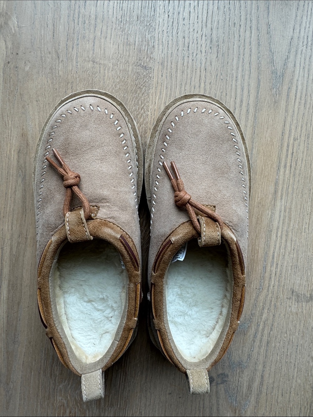 UGG Kids Suede Moccasins in Tan with Brown Laces